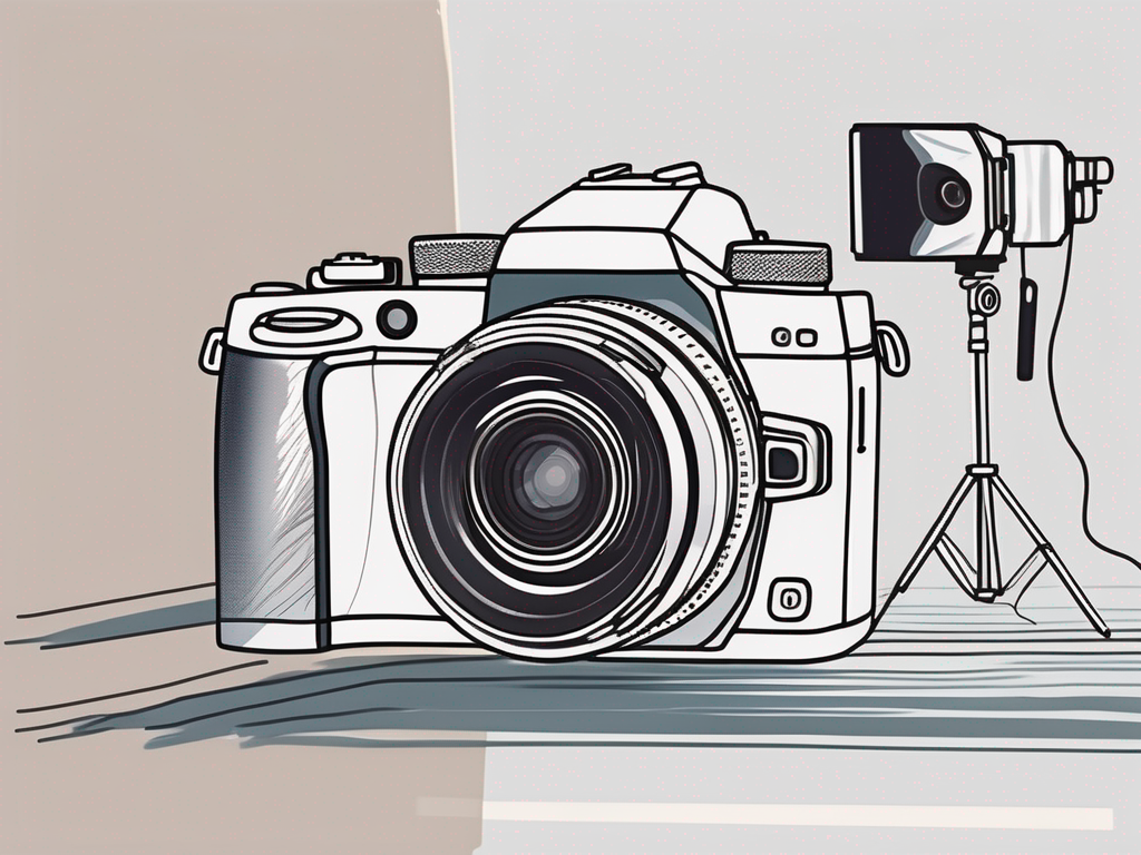 a camera gradually transitioning into a professional photography studio, symbolizing the growth and scaling of a photography business, hand-drawn abstract illustration for a company blog, white background, professional, minimalist, clean lines, faded colors