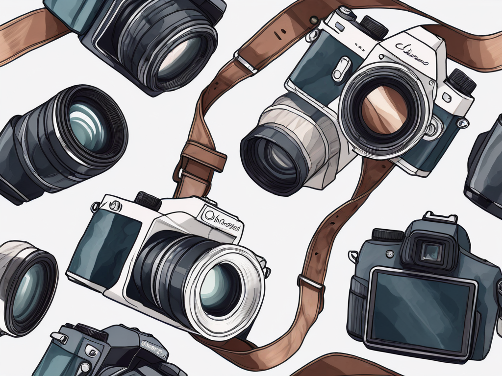a camera focusing on unique elements like a special lens, a custom strap, and personalized settings, symbolizing the tailored experience in photography, hand-drawn abstract illustration for a company blog, white background, professional, minimalist, clean lines, faded colors