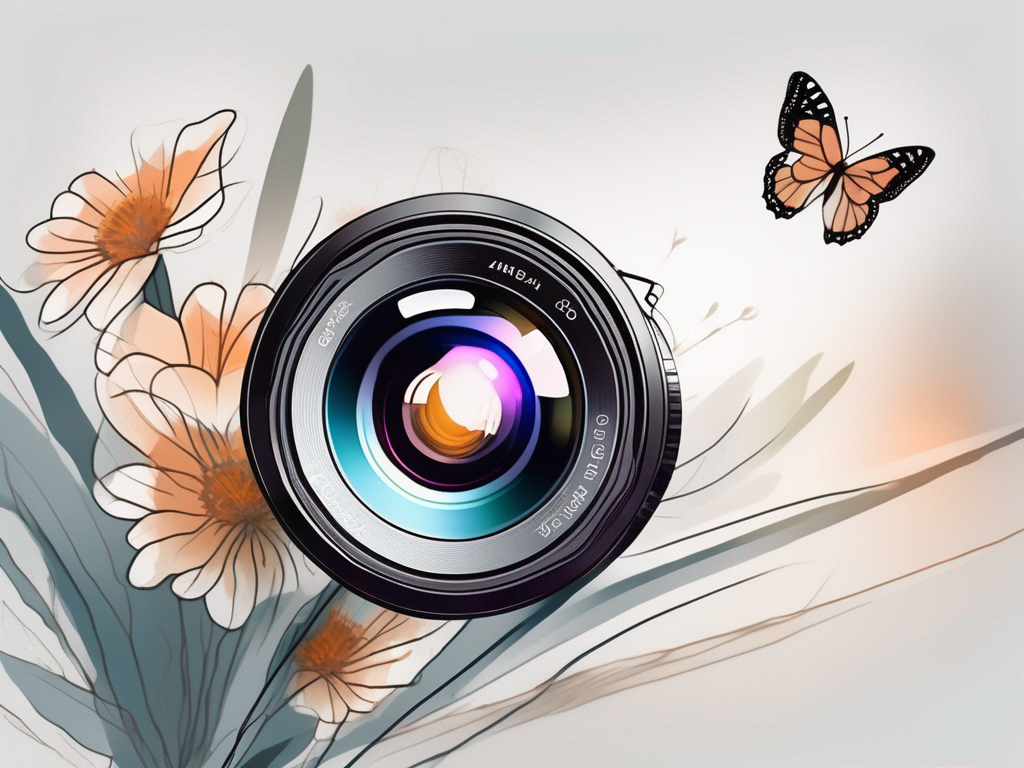 a camera lens zooming in on a specific subject, such as a flower or a butterfly, with blurred elements in the background, symbolizing the concept of focus and specialization in photography, hand-drawn abstract illustration for a company blog, white background, professional, minimalist, clean lines, faded colors