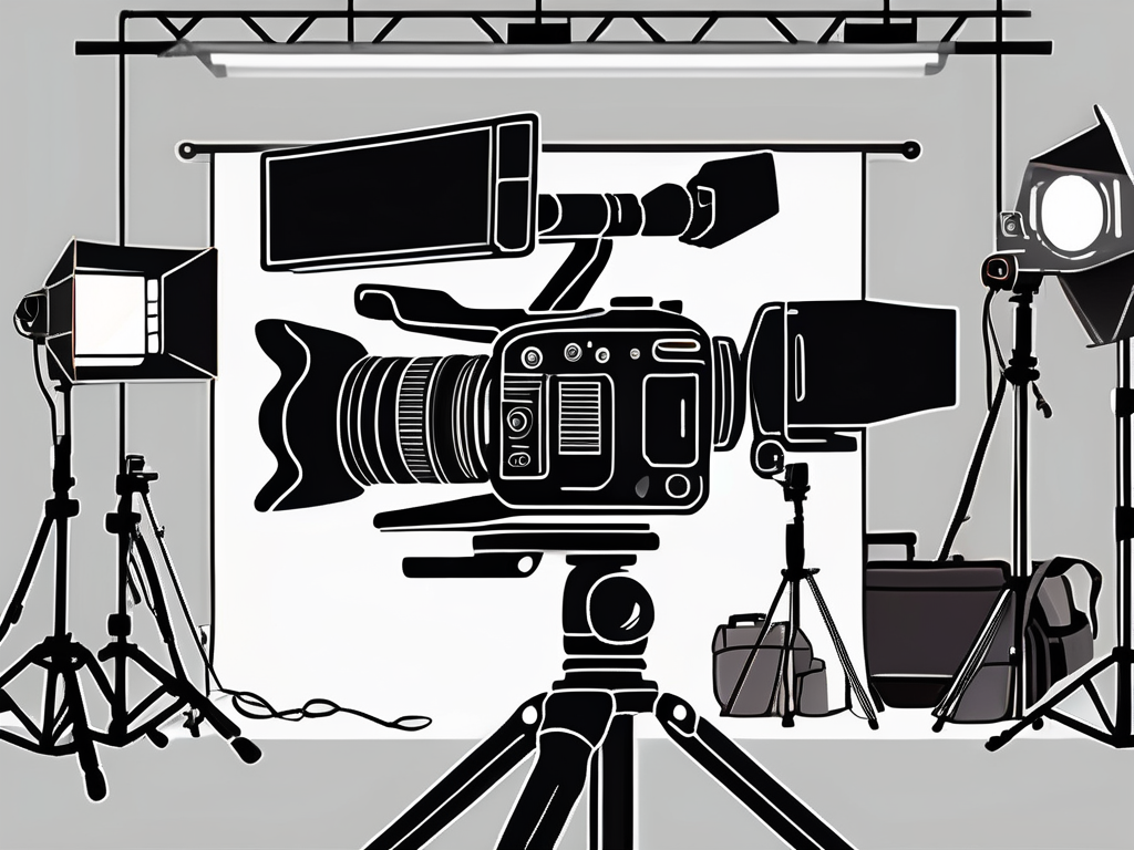 a camera on a tripod with a video recording light on, set against the backdrop of various photography equipment and lighting gear, hand-drawn abstract illustration for a company blog, white background, professional, minimalist, clean lines, faded colors