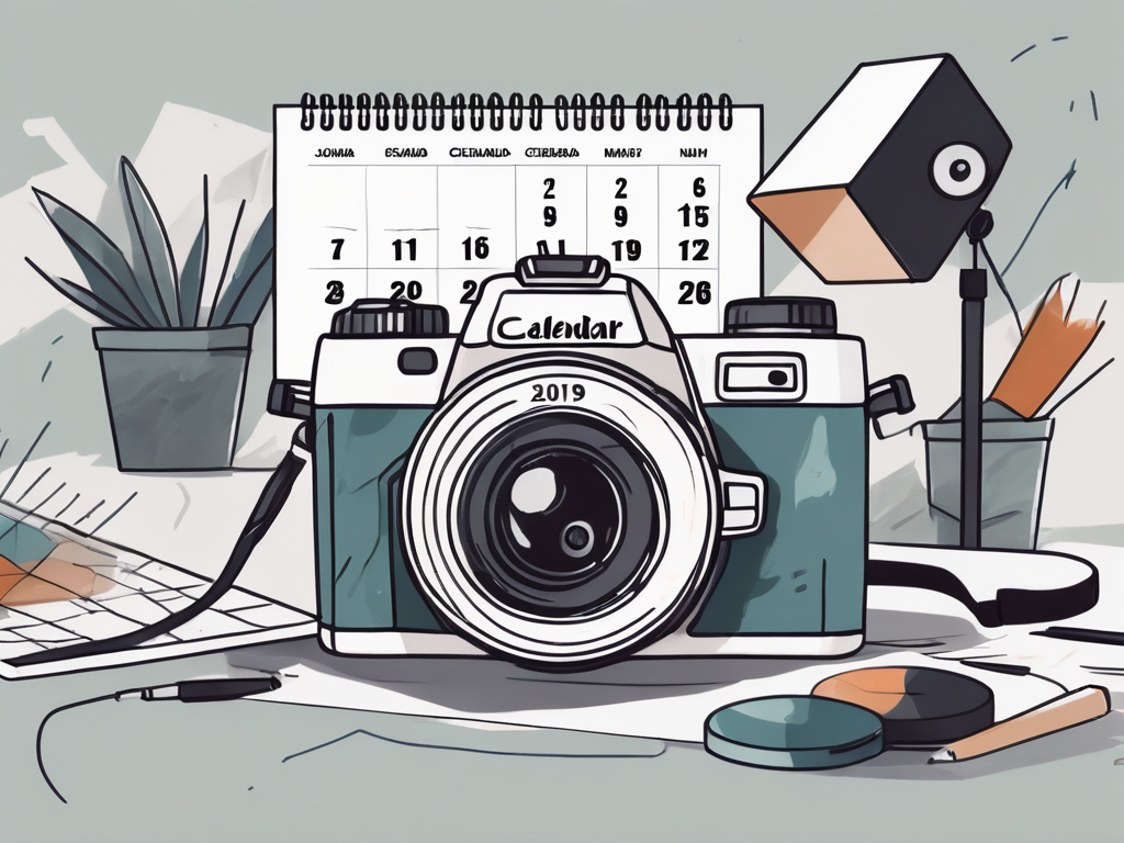 a camera focusing on a calendar marked with bookings, surrounded by various photography props and a digital CRM interface in the background, hand-drawn abstract illustration for a company blog, white background, professional, minimalist, clean lines, faded colors