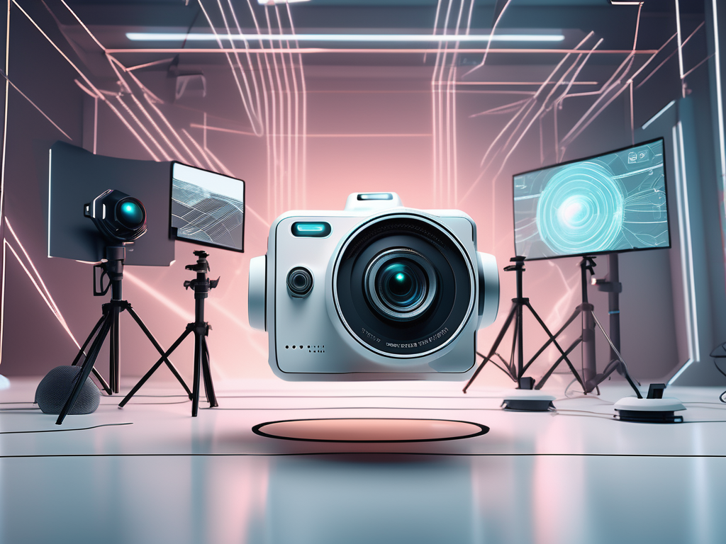 a futuristic camera with innovative features such as drone capabilities, holographic projections, and AI interface, set against a backdrop of a dynamic, tech-driven photography studio, hand-drawn abstract illustration for a company blog, white background, professional, minimalist, clean lines, faded colors