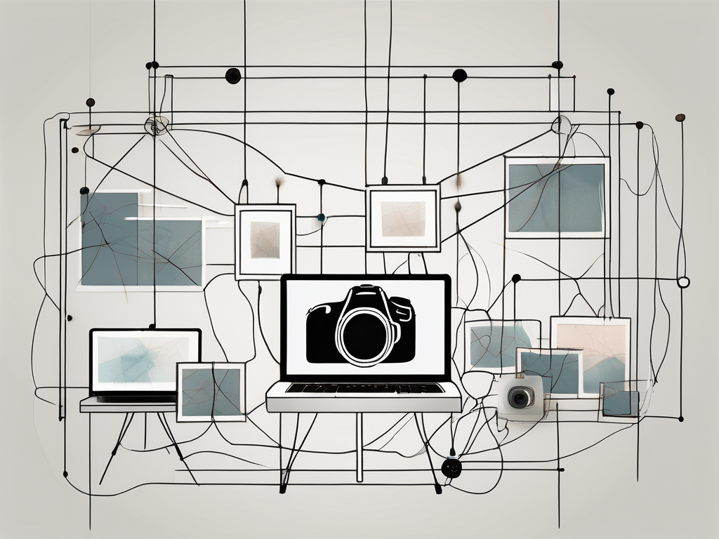 a photography studio with an array of connected lines symbolizing a network, with camera icons and picture frames to represent the referral process and client experience, hand-drawn abstract illustration for a company blog, white background, professional, minimalist, clean lines, faded colors