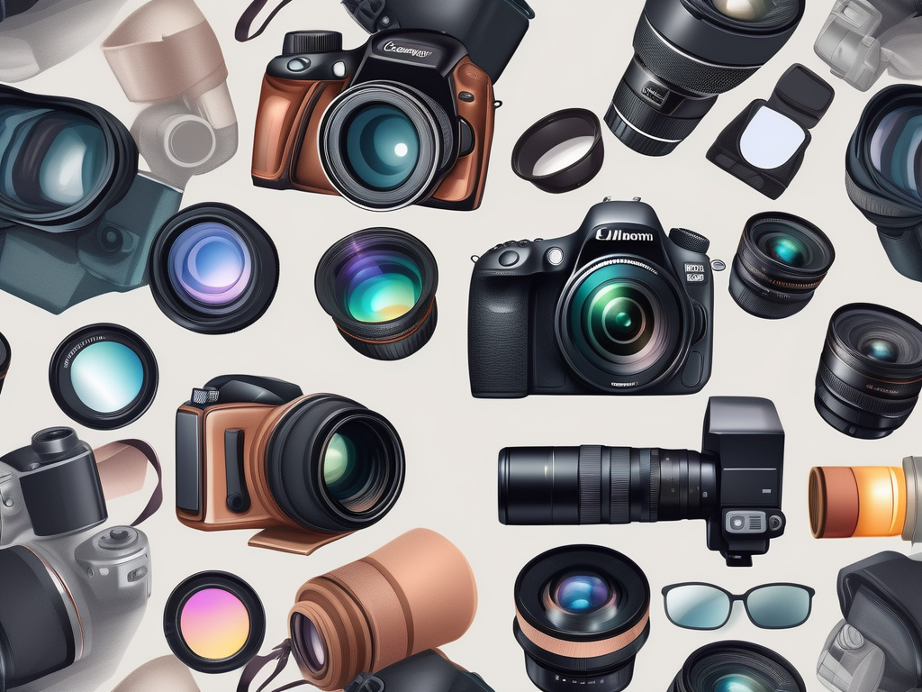 a camera with different types of lenses, symbolizing various specialties, surrounded by various photography props like lighting equipment, backdrops, and tripods, to represent the diverse aspects of the portrait photography market, hand-drawn abstract illustration for a company blog, white background, professional, minimalist, clean lines, faded colors