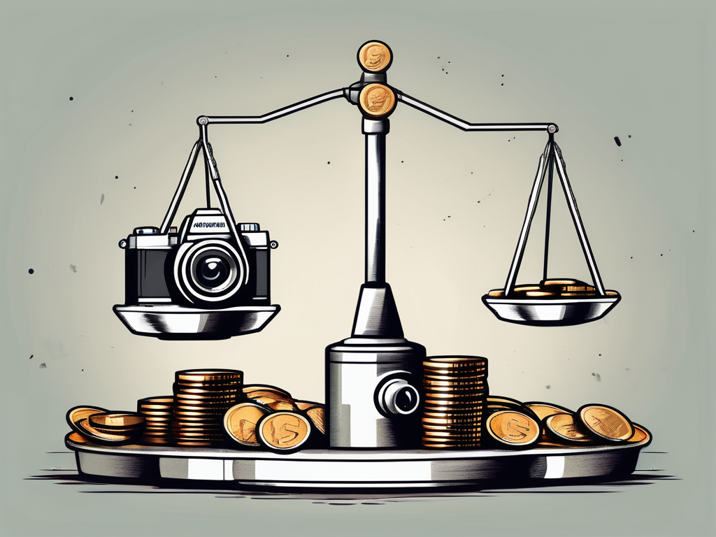 a camera on one side of a balance scale and a stack of coins on the other, with both sides in equilibrium, set against a backdrop of various photographic elements and business icons, hand-drawn abstract illustration for a company blog, white background, professional, minimalist, clean lines, faded colors
