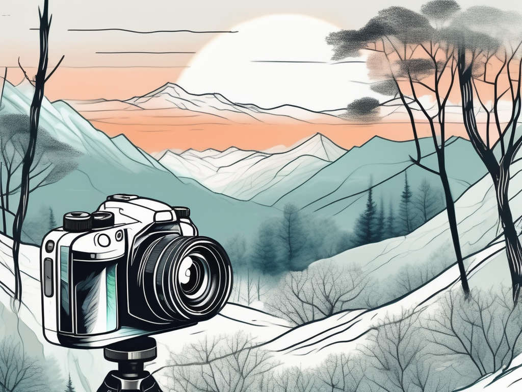 a camera focusing on a natural landscape, highlighting the contrast between the raw, unfiltered beauty of the scene and the technological tool capturing it, hand-drawn abstract illustration for a company blog, white background, professional, minimalist, clean lines, faded colors