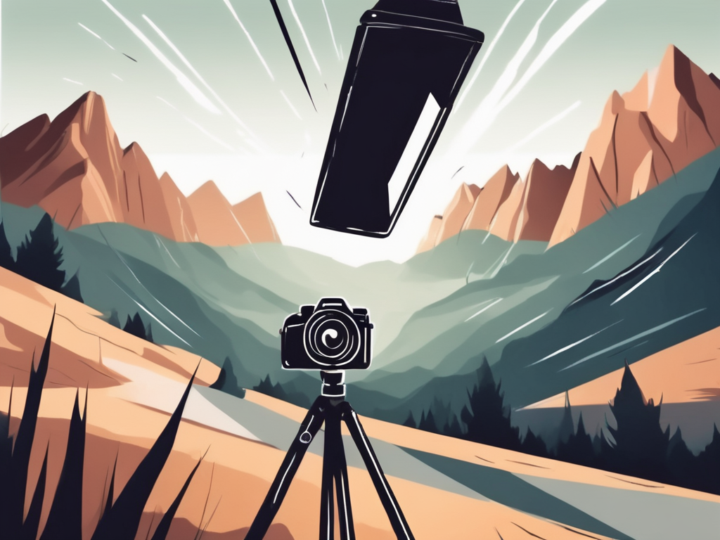 a camera focusing on a dramatic landscape with various elements like light rays, shadows, and reflections to depict advanced composition techniques in photography, hand-drawn abstract illustration for a company blog, white background, professional, minimalist, clean lines, faded colors