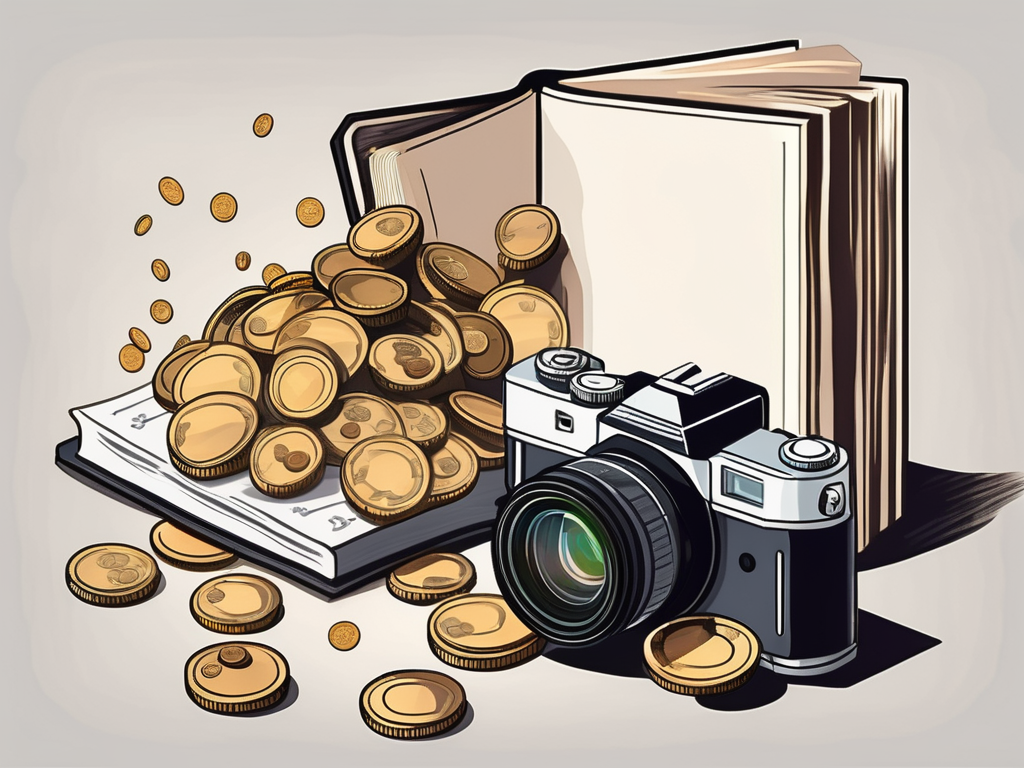 a camera with coins pouring out of the lens onto a ledger book, symbolizing the concept of financial management in the photography business, hand-drawn abstract illustration for a company blog, white background, professional, minimalist, clean lines, faded colors