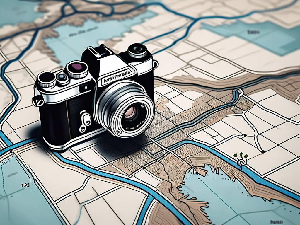 a camera on a map, highlighting off-the-beaten-path locations with unique natural or architectural elements that could serve as interesting photography subjects, hand-drawn abstract illustration for a company blog, white background, professional, minimalist, clean lines, faded colors