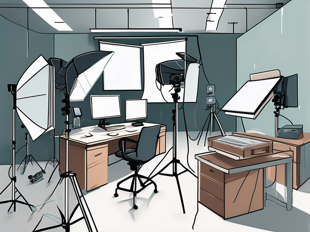 a large, modern photography studio filled with advanced equipment, with a sophisticated CRM system interface hovering above it, hand-drawn abstract illustration for a company blog, white background, professional, minimalist, clean lines, faded colors