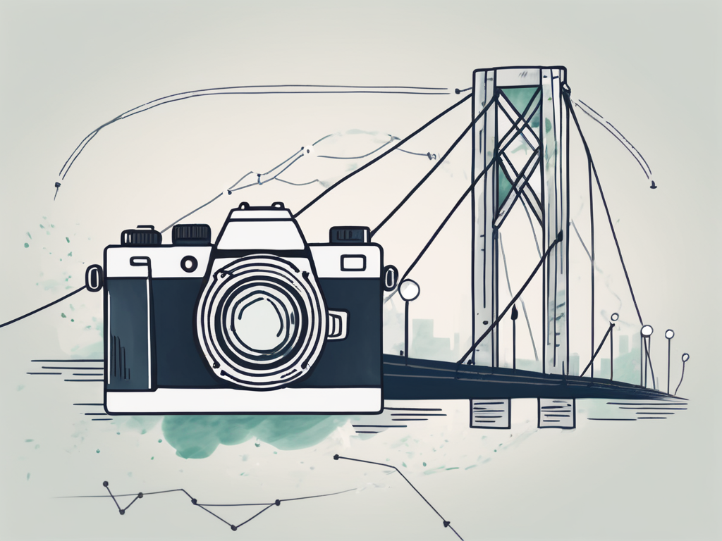 a camera on one side and a CRM interface on the other, connected by a symbolic bridge, to represent the integration of photography and client relationship management, hand-drawn abstract illustration for a company blog, white background, professional, minimalist, clean lines, faded colors