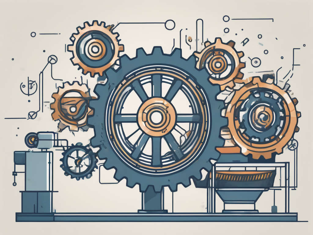 a CRM system represented as a well-oiled machine, with various components like gears and conveyor belts, smoothly processing client data (represented as symbolic icons) for onboarding, hand-drawn abstract illustration for a company blog, white background, professional, minimalist, clean lines, faded colors