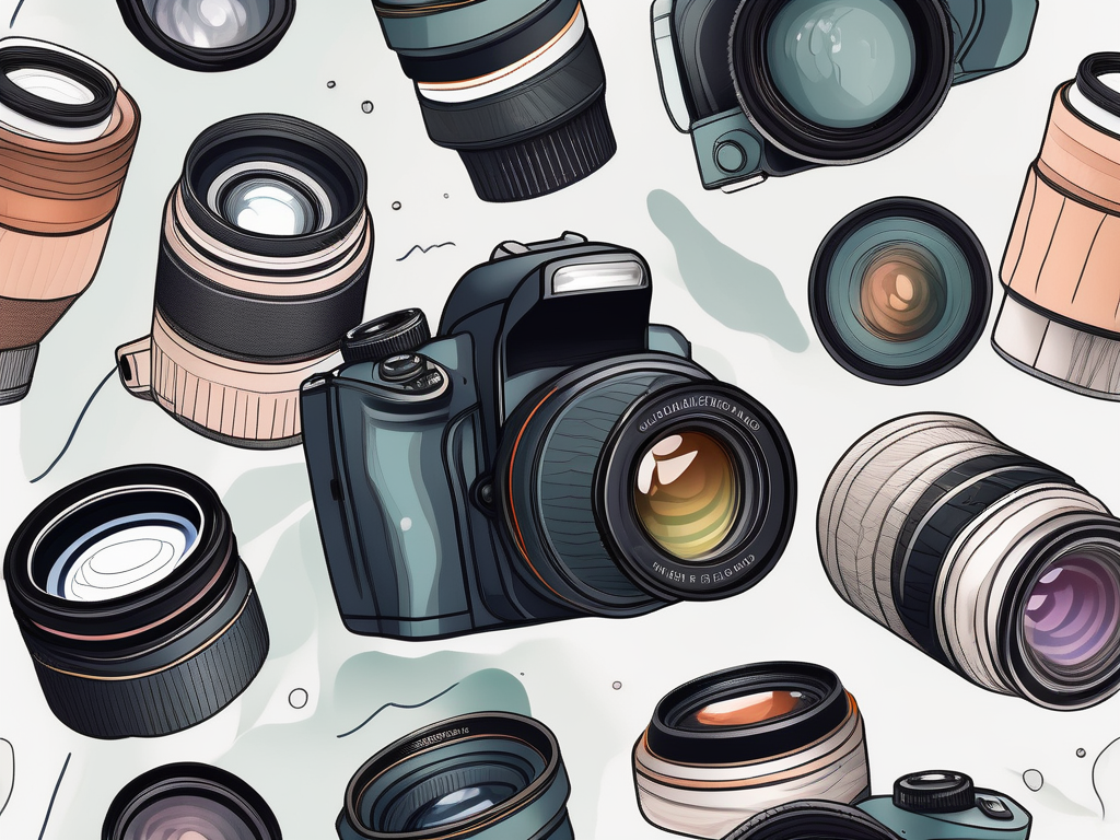 a camera lens focusing on various photography genres such as nature, architecture, and food, symbolizing the concept of specialization in photography, hand-drawn abstract illustration for a company blog, white background, professional, minimalist, clean lines, faded colors