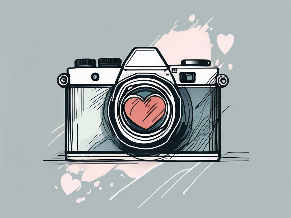 a camera connecting with a heart, symbolizing the strong relationship between a photographer and their clients, hand-drawn abstract illustration for a company blog, white background, professional, minimalist, clean lines, faded colors