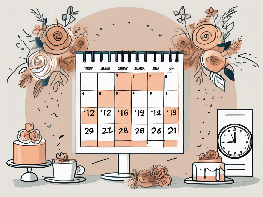 a calendar filled with various wedding-related symbols (like rings, cakes, flowers) indicating booked dates, and a digital clock showing time, symbolizing efficient scheduling, hand-drawn abstract illustration for a company blog, white background, professional, minimalist, clean lines, faded colors