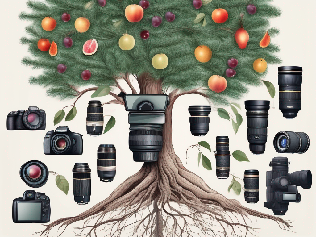 a sturdy, evergreen tree with camera lenses growing as fruits and roots shaped like various photography equipment, symbolizing the longevity and success of a photography business, hand-drawn abstract illustration for a company blog, white background, professional, minimalist, clean lines, faded colors