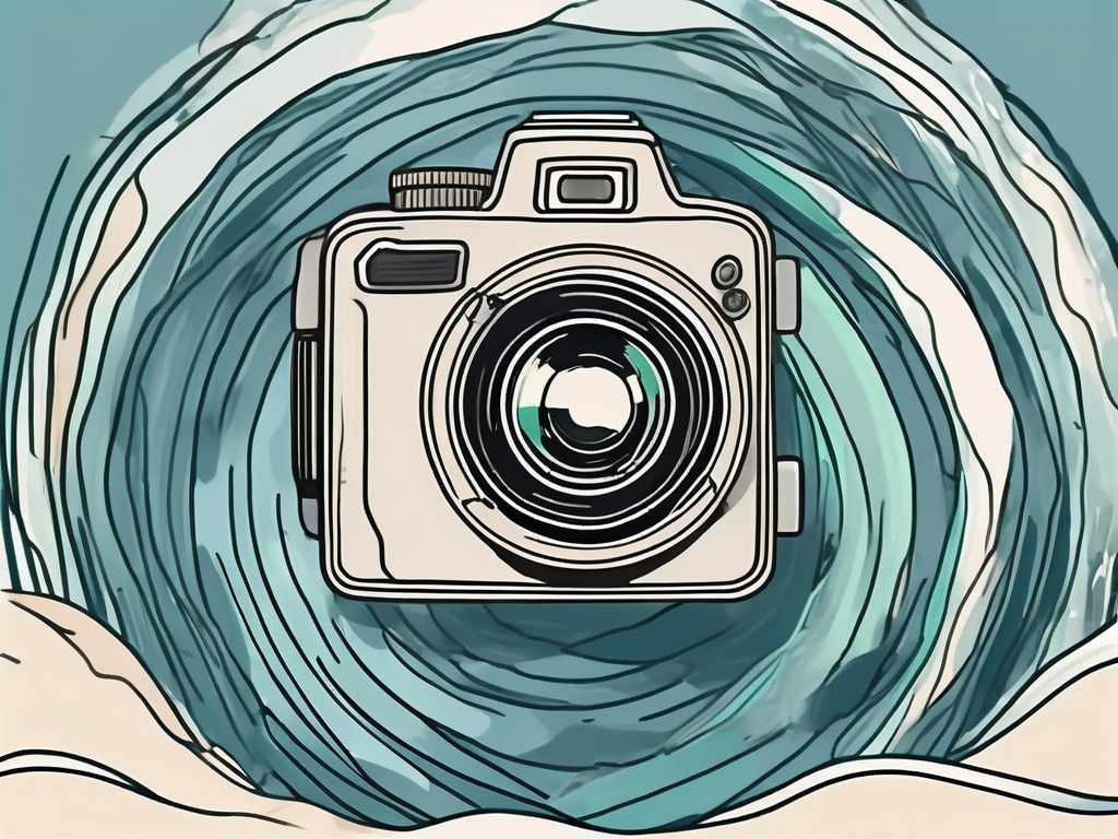 a camera on a rough sea, symbolizing the economic challenges in the photography industry, hand-drawn abstract illustration for a company blog, white background, professional, minimalist, clean lines, faded colors