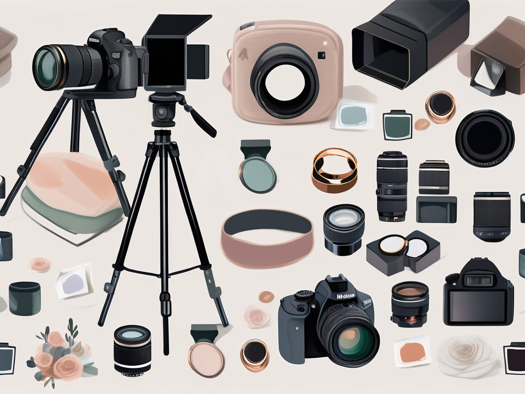 a single camera on a tripod, capturing a romantic setup with an engagement ring placed in the center, surrounded by various photography equipment and props, symbolizing the solo photographer's preparation for an engagement session, hand-drawn abstract illustration for a company blog, white background, professional, minimalist, clean lines, faded colors