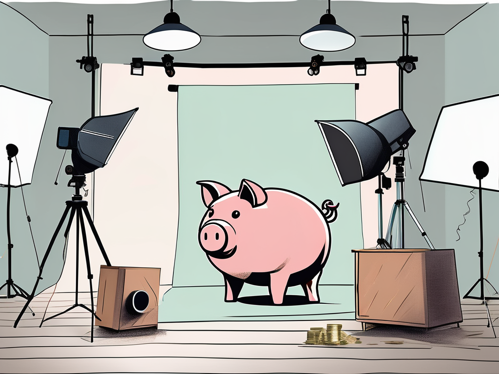 a photography studio with prominent elements like a camera, tripod, lighting equipment, and backdrops, with a large, symbolic piggy bank or safe in the center, indicating the concept of profit-first strategies, hand-drawn abstract illustration for a company blog, white background, professional, minimalist, clean lines, faded colors