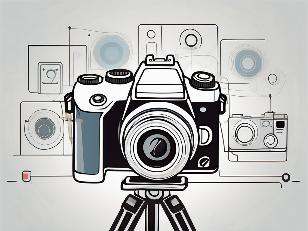 a camera connected to different photography-related icons like a tripod, a lens, a flash, and a photography studio, all interconnected with lines to represent networking, hand-drawn abstract illustration for a company blog, white background, professional, minimalist, clean lines, faded colors