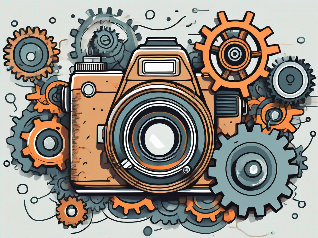 a camera intertwined with gears and cogs (representing a CRM system) that's weathering a storm, symbolizing the adaptation to market changes, hand-drawn abstract illustration for a company blog, white background, professional, minimalist, clean lines, faded colors