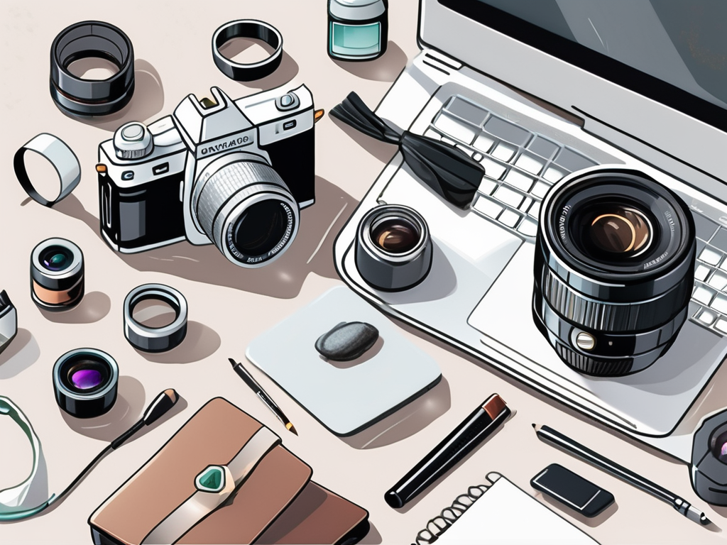 a professional camera, a wedding ring, and a laptop with various software icons, all neatly arranged on a desk, symbolizing the tools used by solo wedding photographers for client management, hand-drawn abstract illustration for a company blog, white background, professional, minimalist, clean lines, faded colors