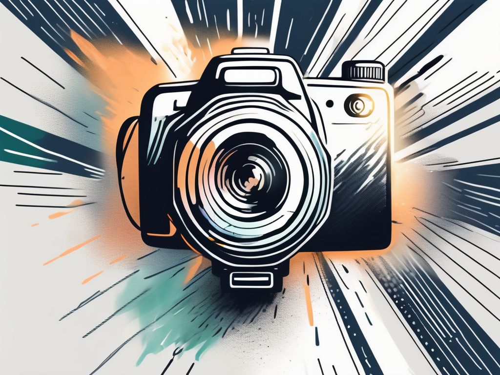 a camera with a burst of light emanating from it, symbolizing a referral, leading towards a larger, more enhanced camera, representing a boosted photography business, hand-drawn abstract illustration for a company blog, white background, professional, minimalist, clean lines, faded colors