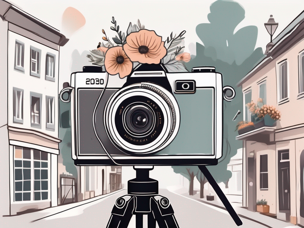 a camera on a tripod set against a backdrop of a small town, with iconic wedding elements like a bouquet, rings and a veil subtly incorporated into the scene, hand-drawn abstract illustration for a company blog, white background, professional, minimalist, clean lines, faded colors