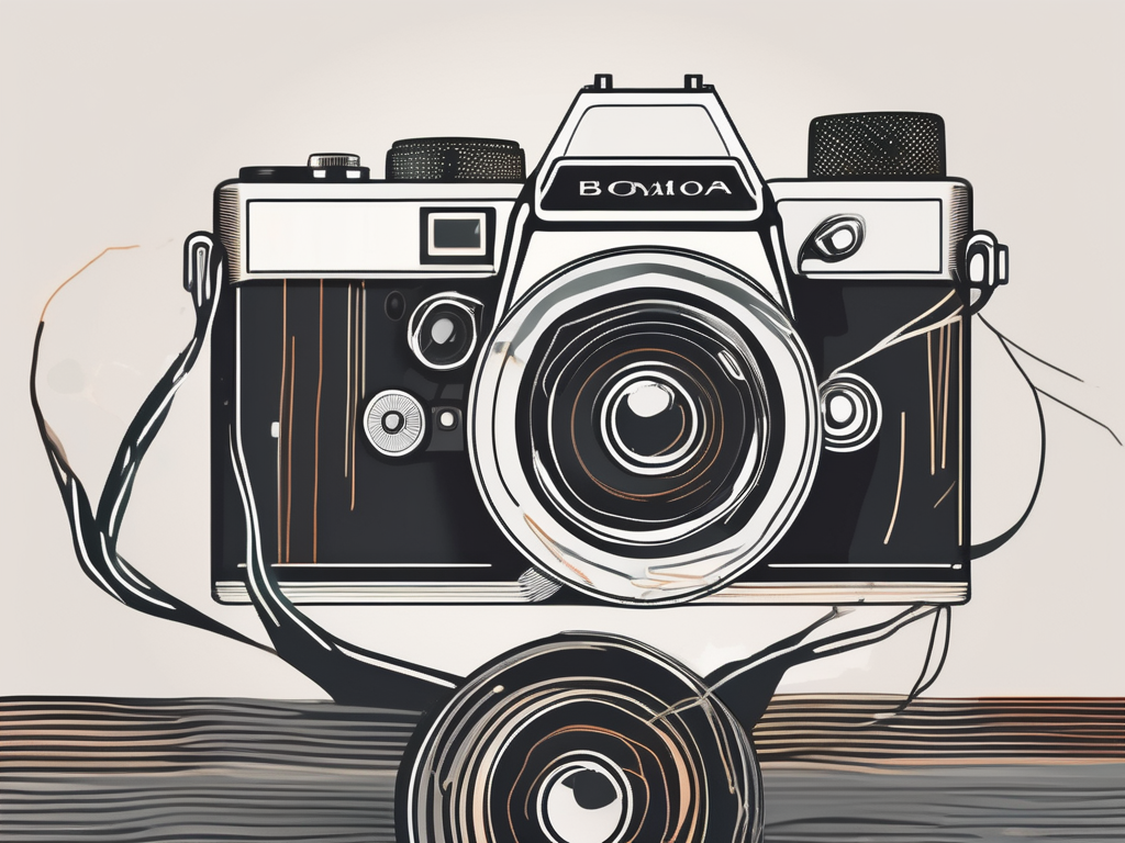 a traditional film camera merging into a modern digital camera, symbolizing the blend of traditional and digital photography techniques, hand-drawn abstract illustration for a company blog, white background, professional, minimalist, clean lines, faded colors