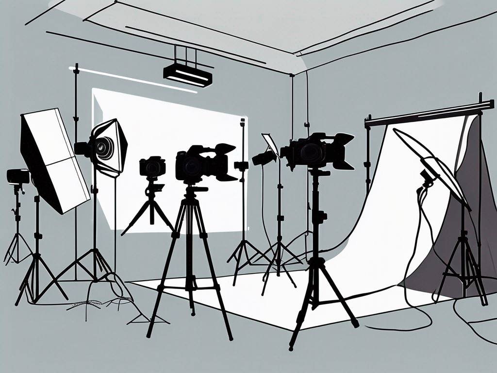 a small photography studio with various cameras, tripods, lights and other photography equipment neatly organized, symbolizing streamlined project management, hand-drawn abstract illustration for a company blog, white background, professional, minimalist, clean lines, faded colors