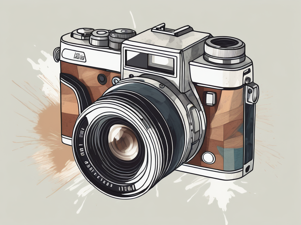 a vintage camera merging into a modern digital camera, symbolizing the blend of tradition and technology in the field of photography, hand-drawn abstract illustration for a company blog, white background, professional, minimalist, clean lines, faded colors