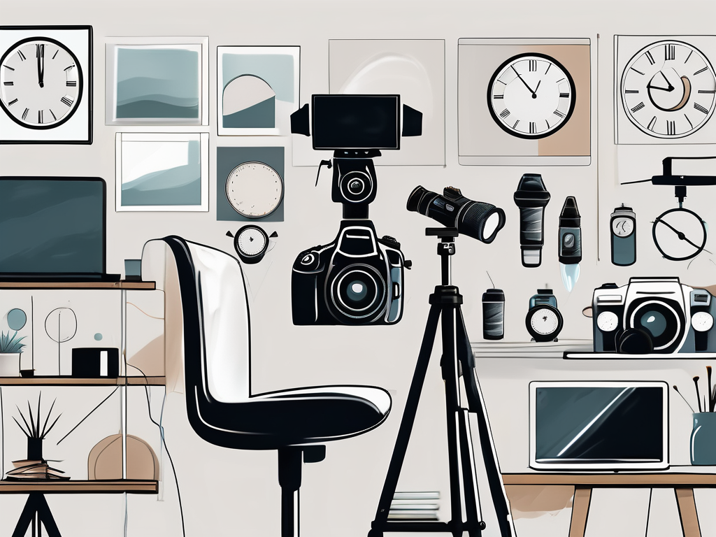 a well-organized photography studio with various elements like a camera, tripod, lighting equipment, and a clock or hourglass to symbolize time management, hand-drawn abstract illustration for a company blog, white background, professional, minimalist, clean lines, faded colors
