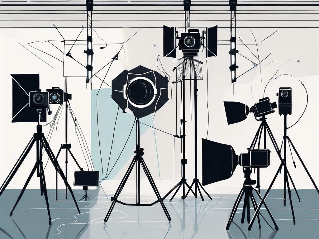 several photography studios located in different geographical locations, connected by arrows or lines symbolizing streamlined workflows, with elements like cameras, tripods, and lighting equipment, hand-drawn abstract illustration for a company blog, white background, professional, minimalist, clean lines, faded colors