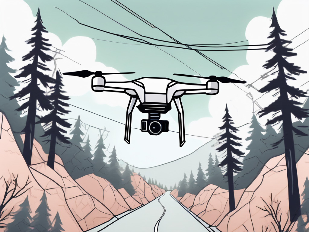 a drone hovering in the sky, capturing scenic landscape below, with some obstacles like trees or power lines indicating challenges, hand-drawn abstract illustration for a company blog, white background, professional, minimalist, clean lines, faded colors