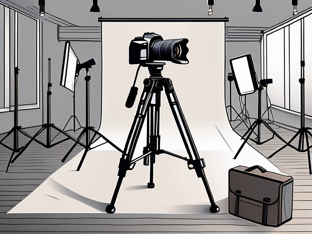 a professional camera on a tripod, set against the backdrop of a commercial set with various lighting equipment and props, hand-drawn abstract illustration for a company blog, white background, professional, minimalist, clean lines, faded colors