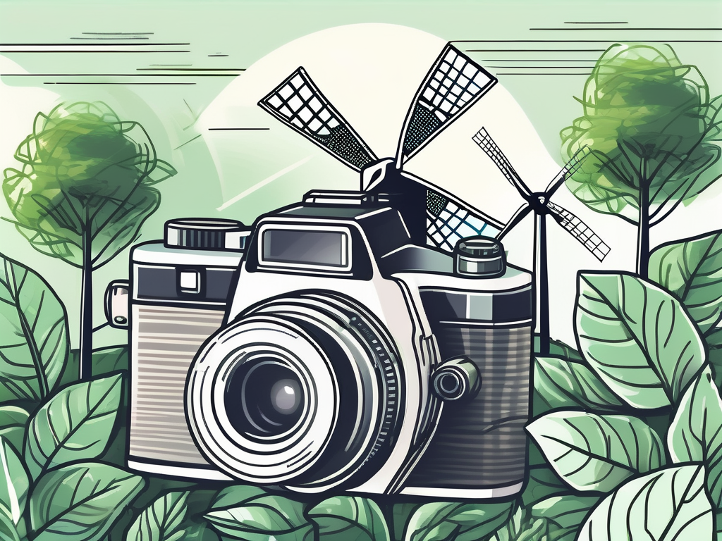 a camera with solar panels and a windmill in the background, symbolizing sustainable energy, with lush greenery and a thriving ecosystem to represent long-term success, hand-drawn abstract illustration for a company blog, white background, professional, minimalist, clean lines, faded colors
