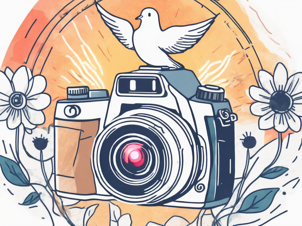 a camera with light emanating from the lens, transforming into various symbols of peace and happiness like a dove, a sun, a heart, and a flower, hand-drawn abstract illustration for a company blog, white background, professional, minimalist, clean lines, faded colors