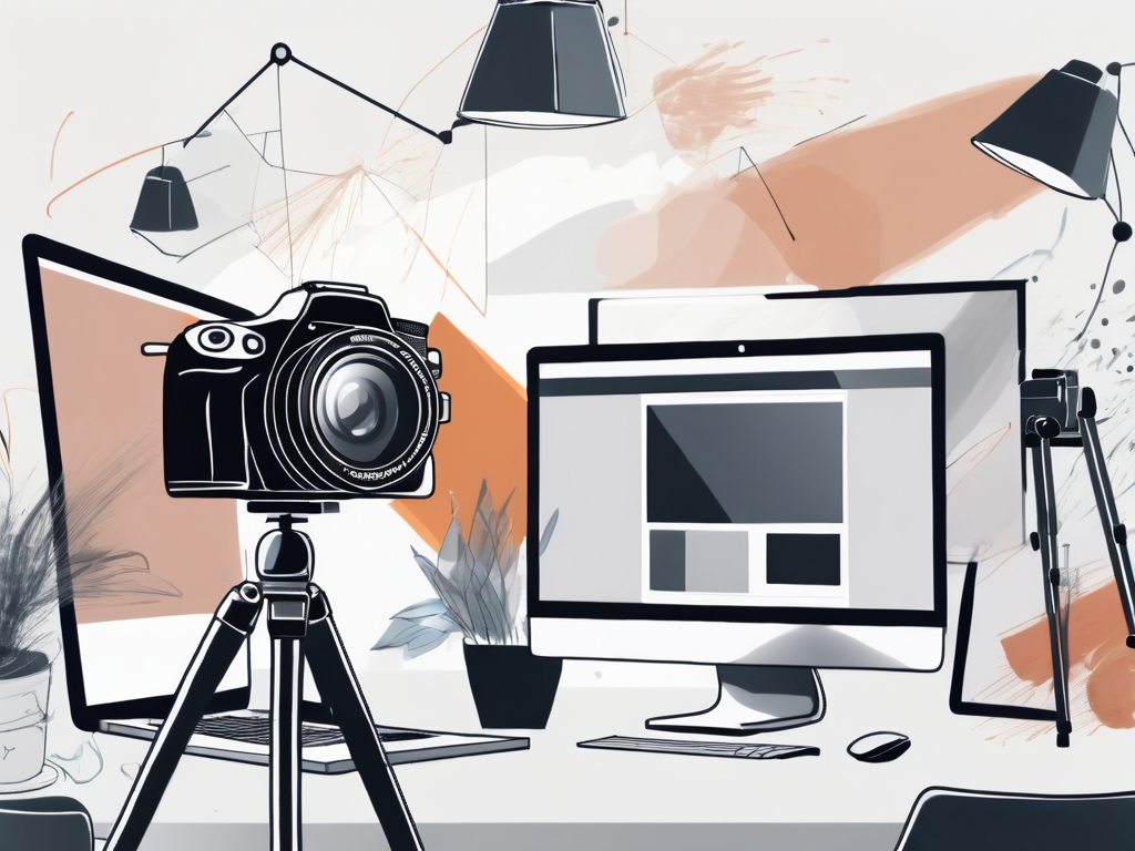 a camera on a tripod with various photography equipment around it, set against the backdrop of a sleek, modern blog design on a computer screen, hand-drawn abstract illustration for a company blog, white background, professional, minimalist, clean lines, faded colors
