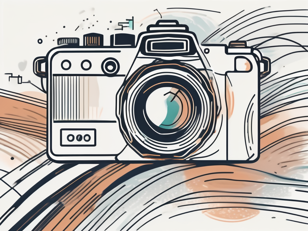 a camera intertwined with a symbolic representation of a CRM system, both leading to a stylized depiction of a busy blog page, hand-drawn abstract illustration for a company blog, white background, professional, minimalist, clean lines, faded colors