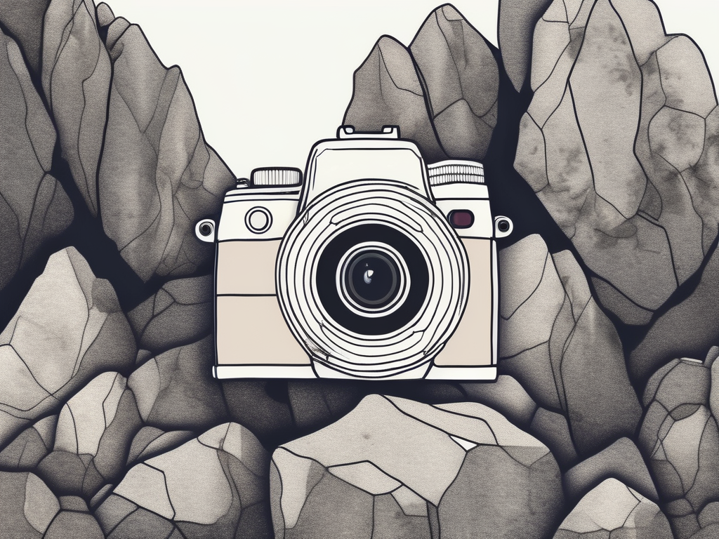 a camera on a rocky terrain, symbolizing the challenges of growing a photography business, hand-drawn abstract illustration for a company blog, white background, professional, minimalist, clean lines, faded colors