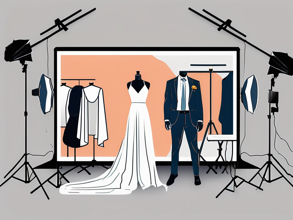 a vibrant photography studio with different sections, each showcasing a unique service such as wedding photography, wildlife photography, and fashion photography, using relevant symbols like a wedding veil, a camera on a tripod, a lion's silhouette, and a stylish dress on a mannequin, hand-drawn abstract illustration for a company blog, white background, professional, minimalist, clean lines, faded colors