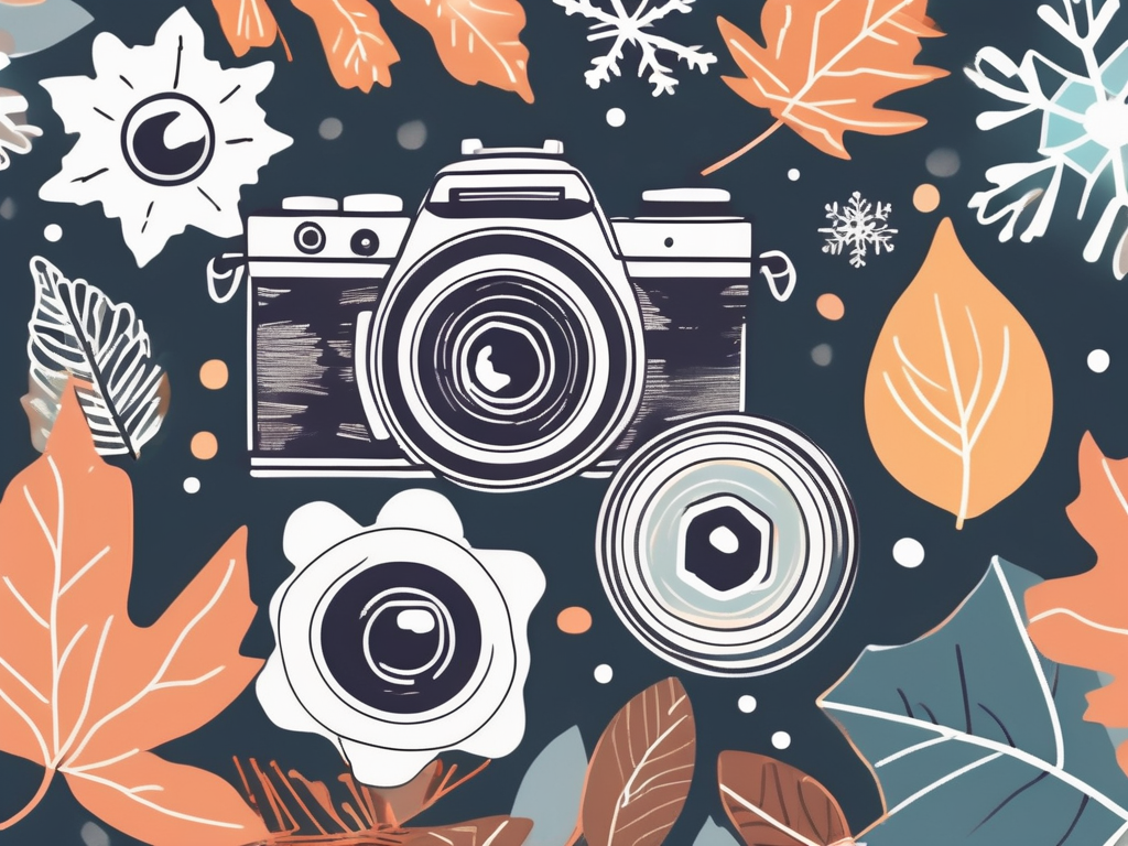 a camera surrounded by various seasonal elements like autumn leaves, winter snowflakes, spring flowers, and summer sun rays to represent a year-round promotion in a photography studio, hand-drawn abstract illustration for a company blog, white background, professional, minimalist, clean lines, faded colors