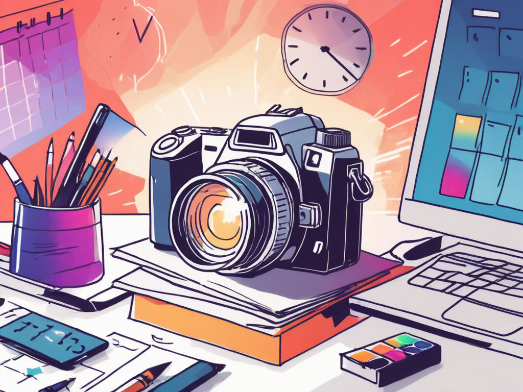 a camera on a desk surrounded by various administrative tools such as a calendar, calculator, and files, with a digital clock showing time being freed up, and a vibrant light beam emerging from the camera, symbolizing unleashed creativity, hand-drawn abstract illustration for a company blog, white background, professional, minimalist, clean lines, faded colors
