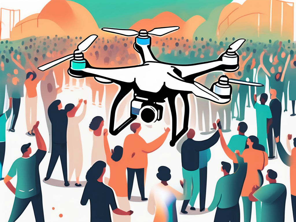 a drone capturing vibrant photographs from a unique angle at a bustling outdoor event, hand-drawn abstract illustration for a company blog, white background, professional, minimalist, clean lines, faded colors