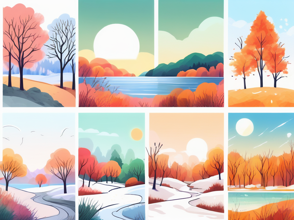 four distinct landscapes representing each season, with a spring meadow full of blooming flowers, a summer beach with a bright sun, an autumn forest with colorful leaves, and a winter scene with snow-covered trees, hand-drawn abstract illustration for a company blog, white background, professional, minimalist, clean lines, faded colors