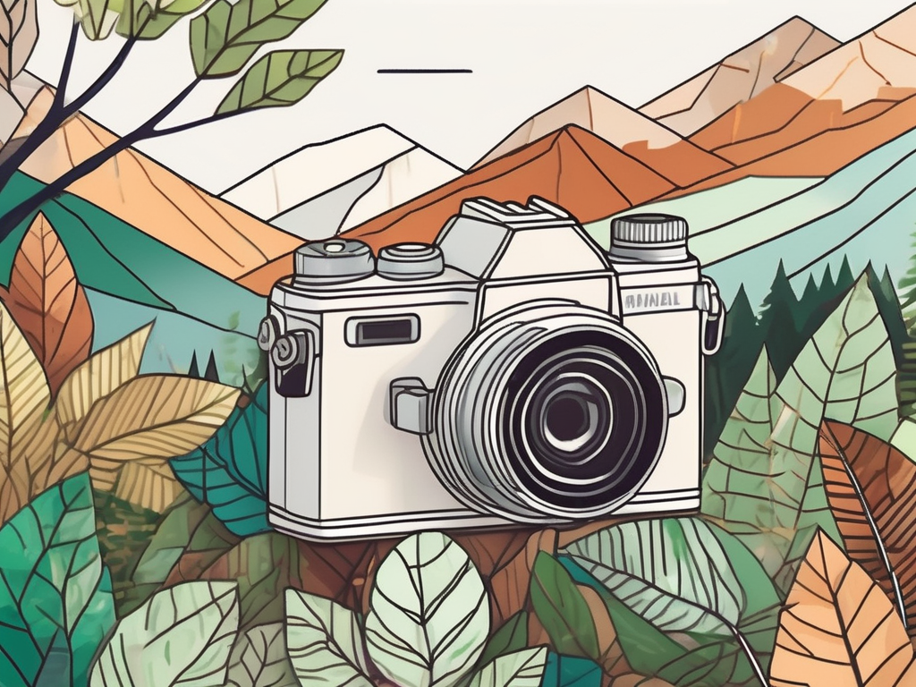a camera made out of various eco-friendly materials like leaves, wood, and water, set against a backdrop of a vibrant, thriving natural landscape, hand-drawn abstract illustration for a company blog, white background, professional, minimalist, clean lines, faded colors