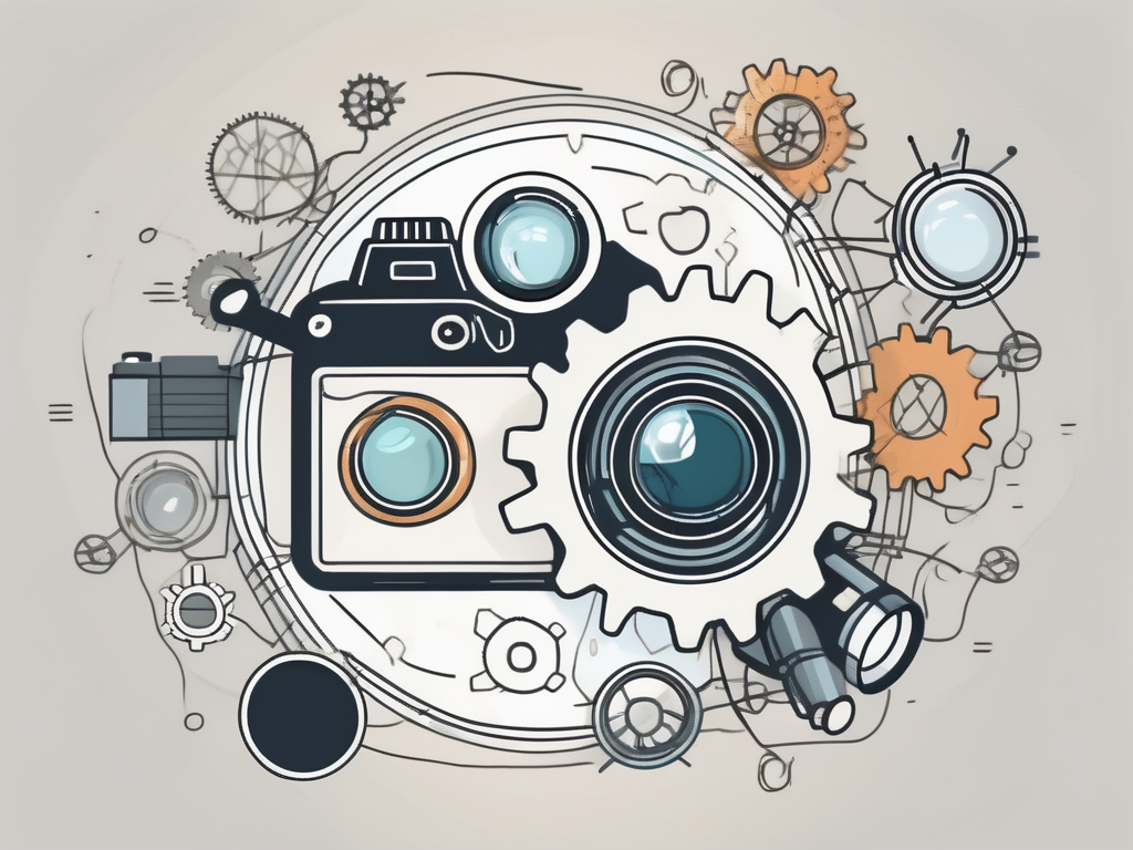a camera with various SEO-related symbols, like a magnifying glass, a web, and a gear, orbiting around it, hand-drawn abstract illustration for a company blog, white background, professional, minimalist, clean lines, faded colors
