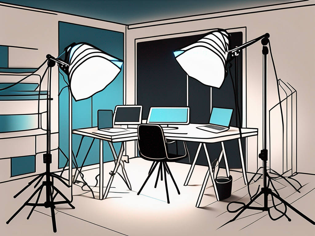 a small photography studio with various digital tools like computers, tablets, cameras, and lighting equipment, symbolically interconnected with glowing lines to represent coordination and harmony, hand-drawn abstract illustration for a company blog, white background, professional, minimalist, clean lines, faded colors