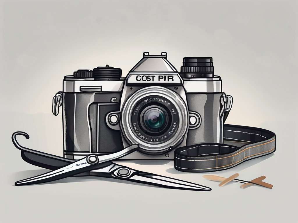 a professional camera juxtaposed with a pair of scissors, implying the concept of cost-cutting in photography without compromising quality, hand-drawn abstract illustration for a company blog, white background, professional, minimalist, clean lines, faded colors